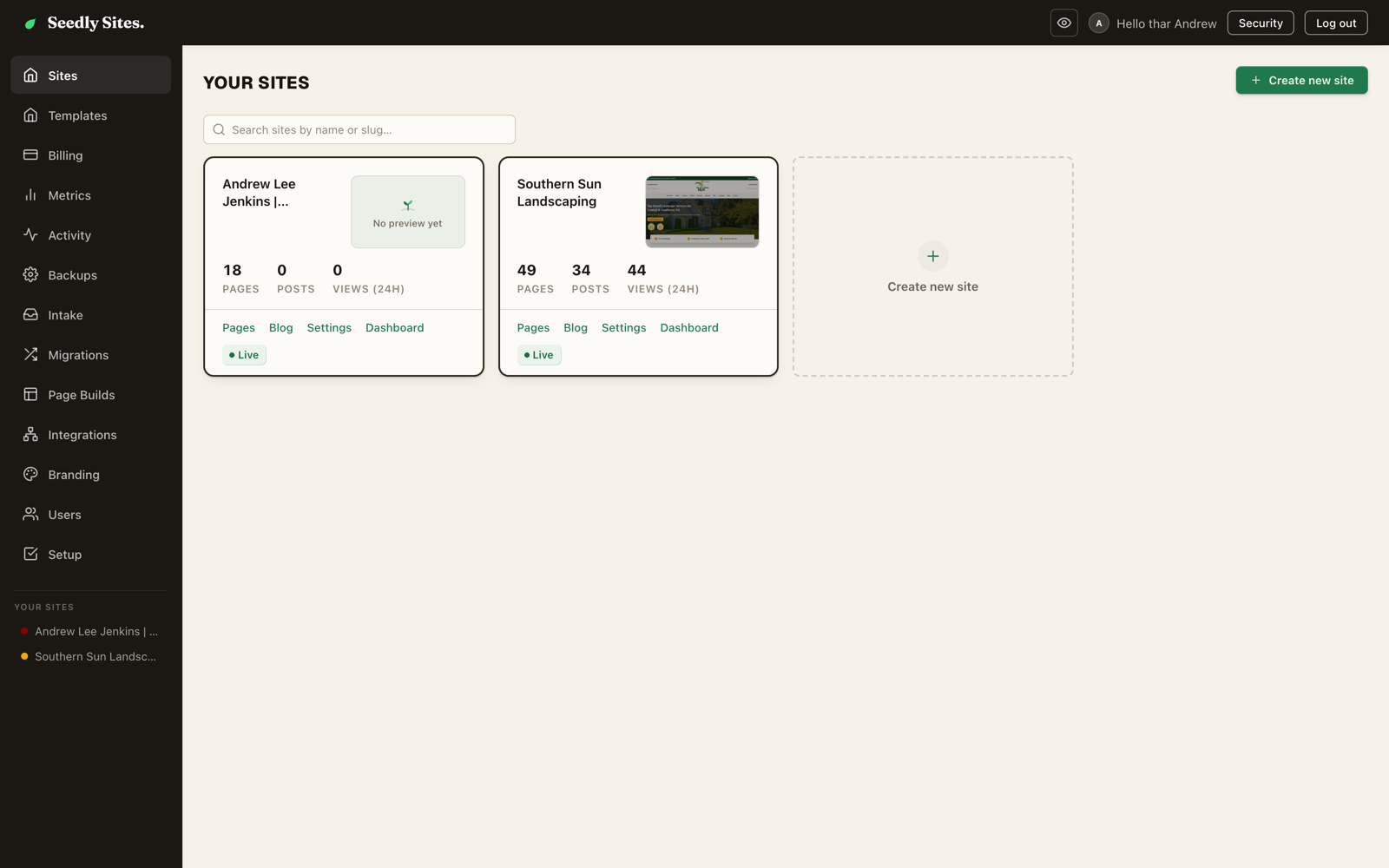 The Seedly Sites multi-tenant operator dashboard